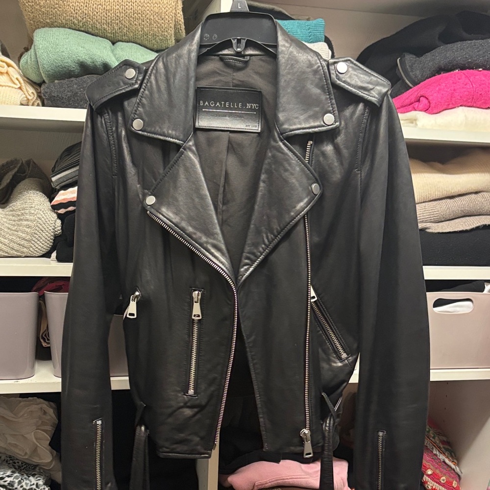Bagatelle Black Leather Moto Jacket with Silver Accents